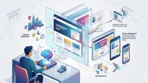 Современная иллюстрация адаптивных интерфейсов с искусственным интеллектом для статьи о трендах веб-разработки 2026 года