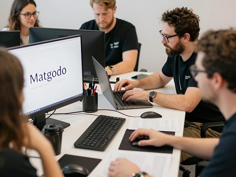 Команда разработчиков Арт Косарев обсуждает проект интернет-магазина на Magento в современном офисе