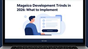 Современная иллюстрация трендов разработки интернет-магазинов на Magento 2026 года в минималистичном стиле