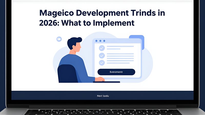 Современная иллюстрация трендов разработки интернет-магазинов на Magento 2026 года в минималистичном стиле